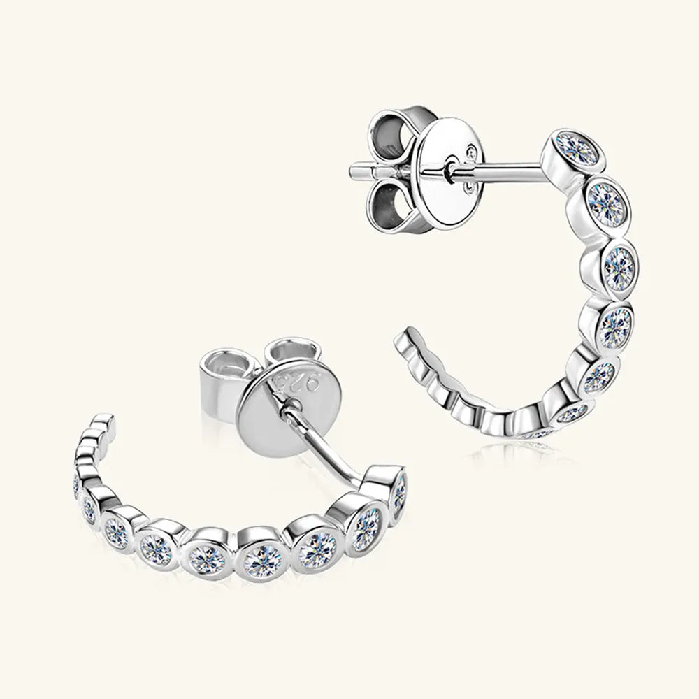 Inlaid Moissanite 925 Sterling Silver C-Hoop Earrings | Sterling Silver Earrings Daverri Fashions