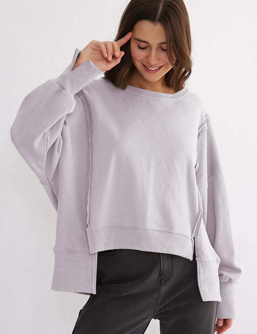 Exposed Seam High-Low Long Sleeve Sweatshirt | Daverri Fashions