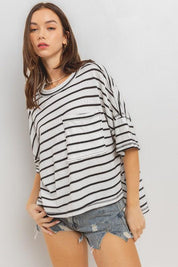 Ces Femme Side Slit Striped Round Neck Half Sleeve T-Shirt | T-Shirts Daverri Fashions