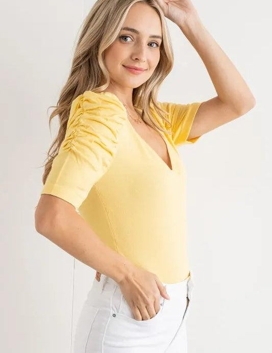 And The Why Shirring Puff Sleeve Bodysuit | Bodysuits Daverri Fashions