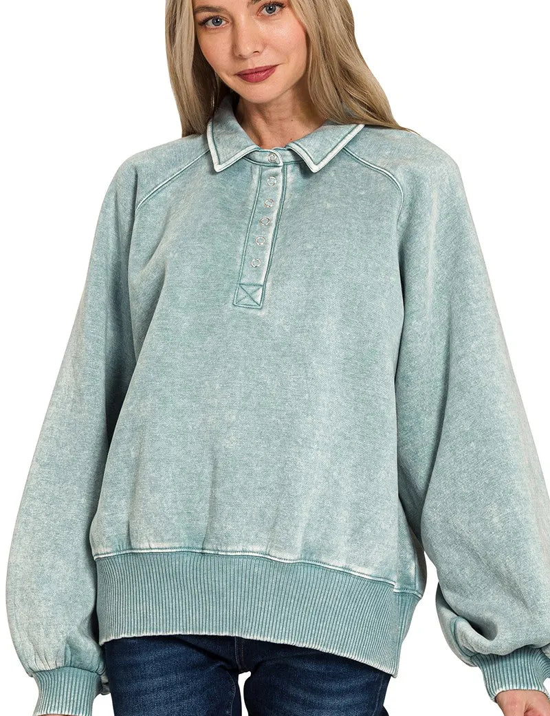 Zenana Acid Wash Fleece Collared Sweatshirt | Daverri Fashions