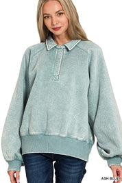 Zenana Acid Wash Fleece Collared Sweatshirt | Daverri Fashions
