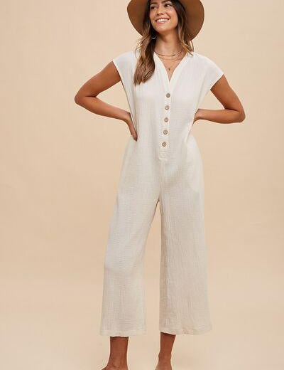Cream Annie Wear Button Detail Wide Leg Jumpsuit with Pockets | Daverri Fashions