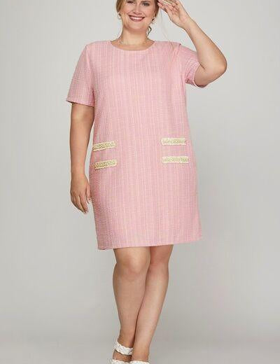 She + Sky Pink Short Sleeve Pearl Studded Trim Knit Tweed Dress | Mini Dresses Daverri Fashions