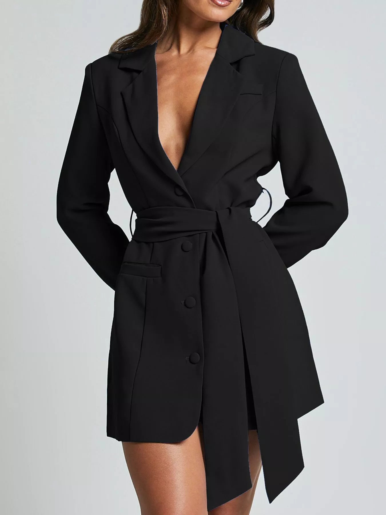 Black Lapel Collar Tie Waist Mini Blazer Dress | Mini Dresses Daverri Fashions