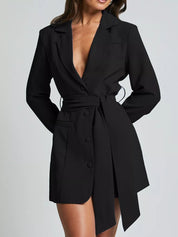 Black Lapel Collar Tie Waist Mini Blazer Dress | Mini Dresses Daverri Fashions