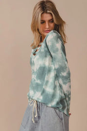 BiBi Variegated Tie Dye Rib V-Neck Top with Strapped | Tops Daverri Fashions