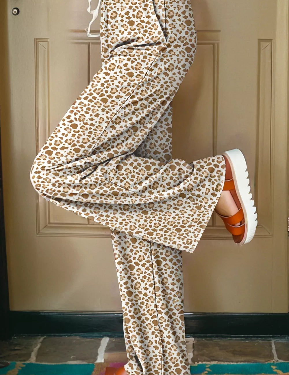 Leopard Drawstring Elastic Waistband Loose Pants | Loungewear Bottoms Daverri Fashions