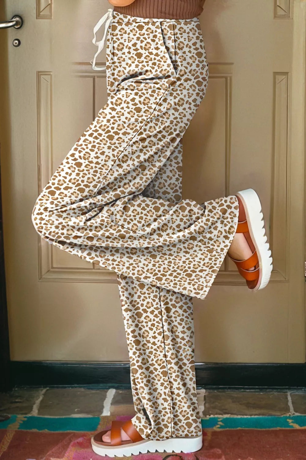 Leopard Drawstring Elastic Waistband Loose Pants | Loungewear Bottoms Daverri Fashions