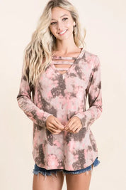 TAUPE MOCHA Tie Dye French Terry V-neck Top | Tops Daverri Fashions