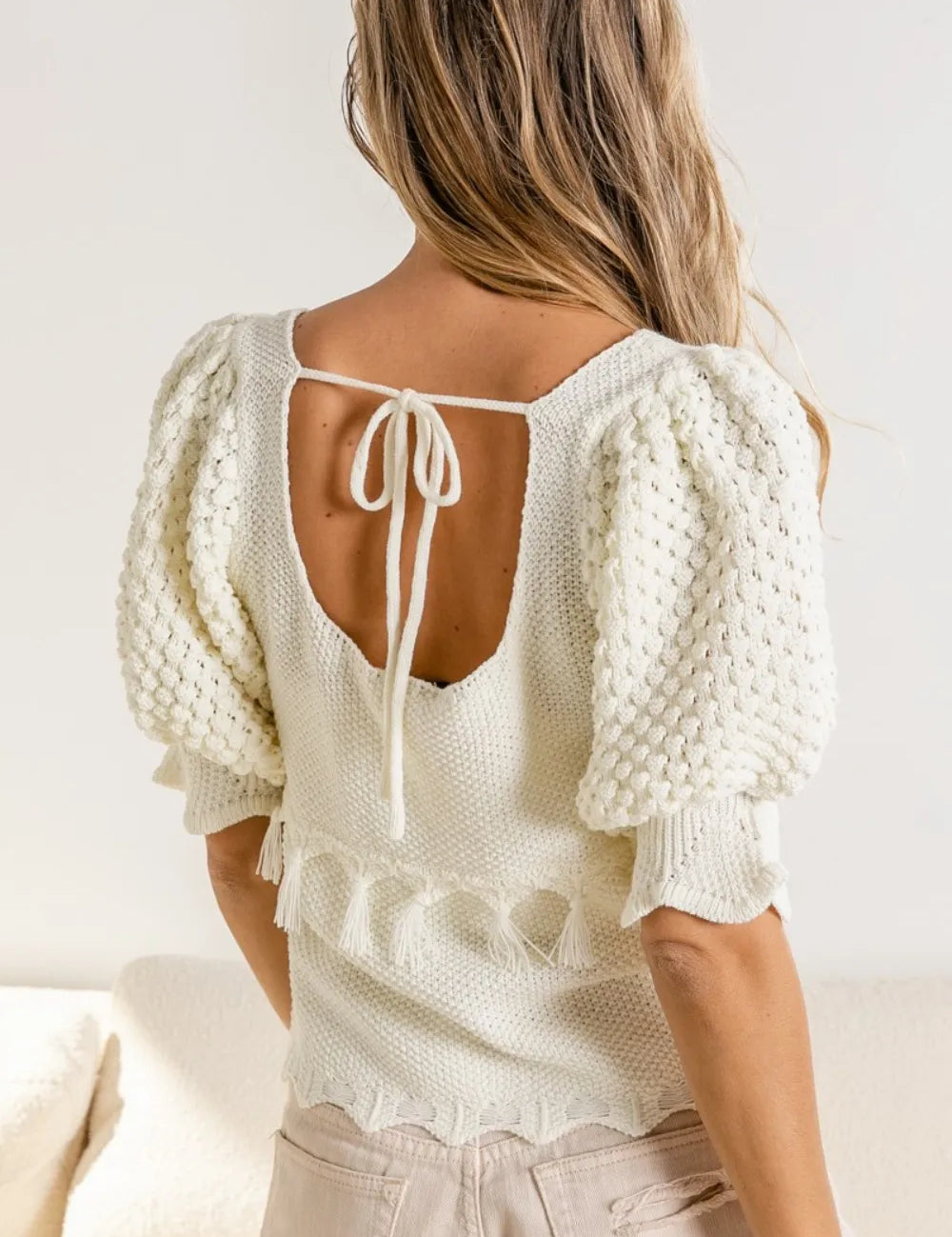 BiBi Tassel Detail Textured Square Neck Sweater | Sweaters Daverri Fashions