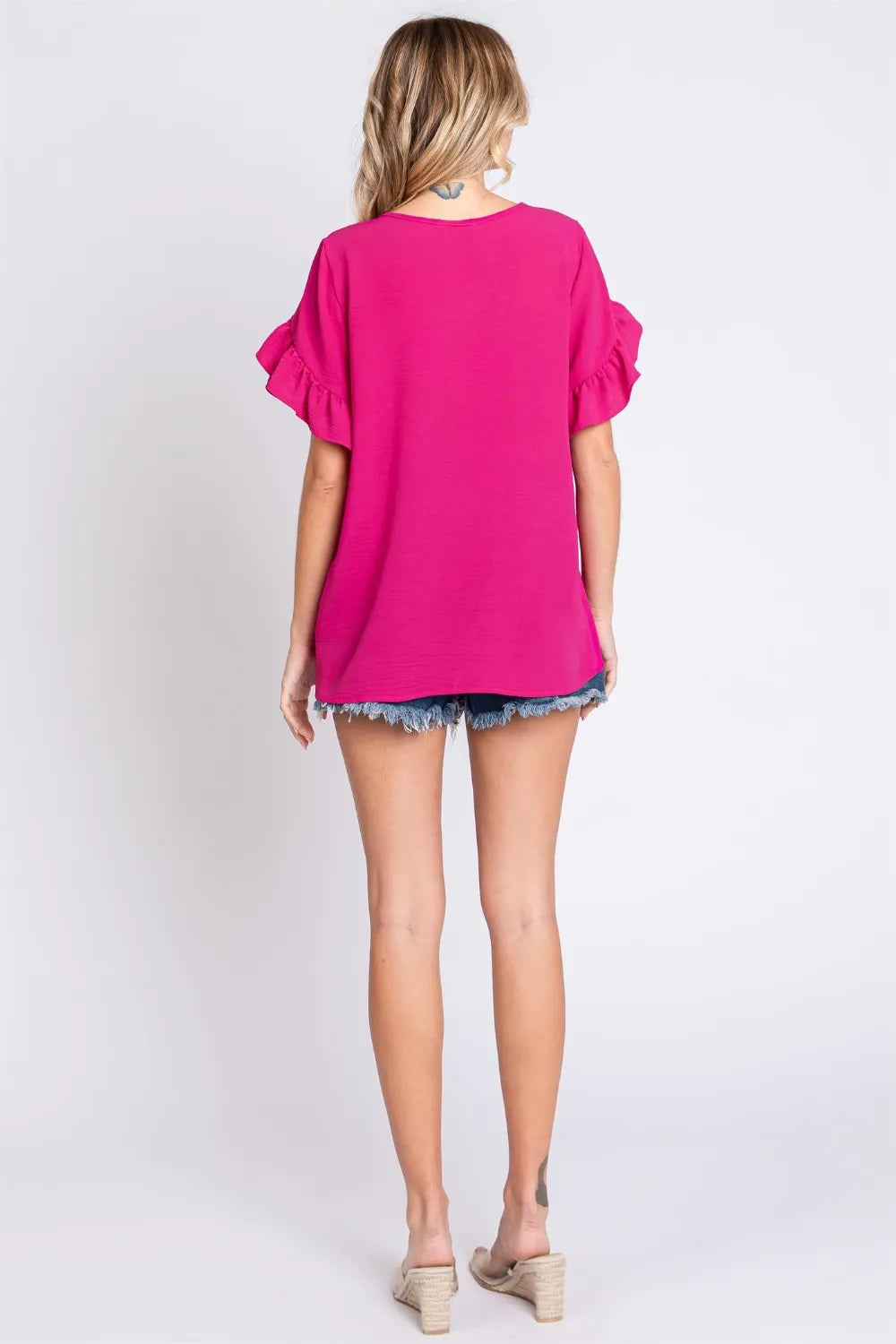 GeeGee V-Neck Ruffle Trim Short Sleeve Blouse | Daverri Fashions