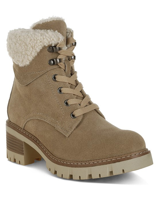 Beige Madoka Fur Collar Chunky Ankle Boots | Boots Daverri Fashions