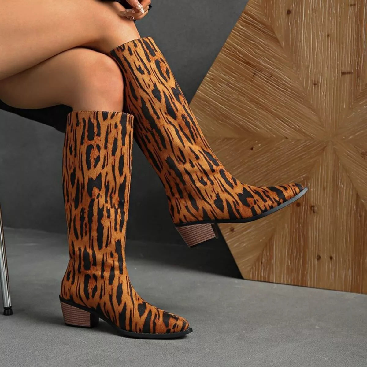 Leopard Animal Print Point Toe Block Heels Boots | Boots Daverri Fashions
