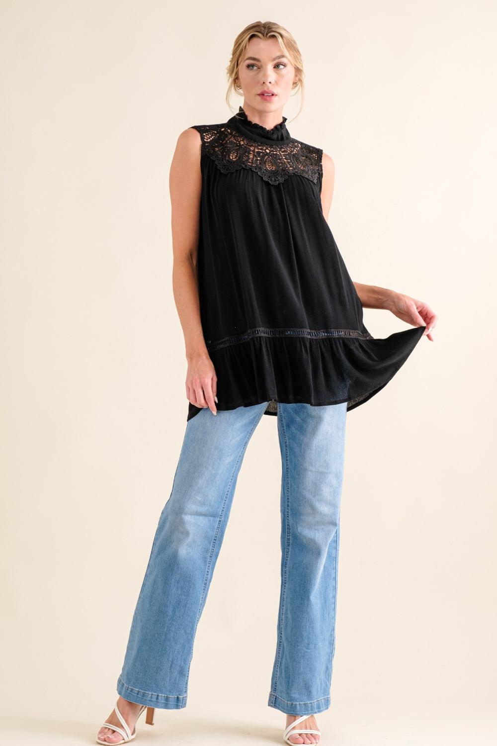 And The Why Lace Detail Sleeveless Ruffled Top | Tops Daverri Fashions