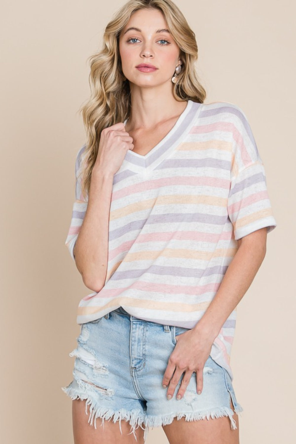 BOMBOM Striped V-Neck Short Sleeve T-Shirt | Daverri Fashions