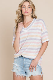 BOMBOM Striped V-Neck Short Sleeve T-Shirt | Daverri Fashions