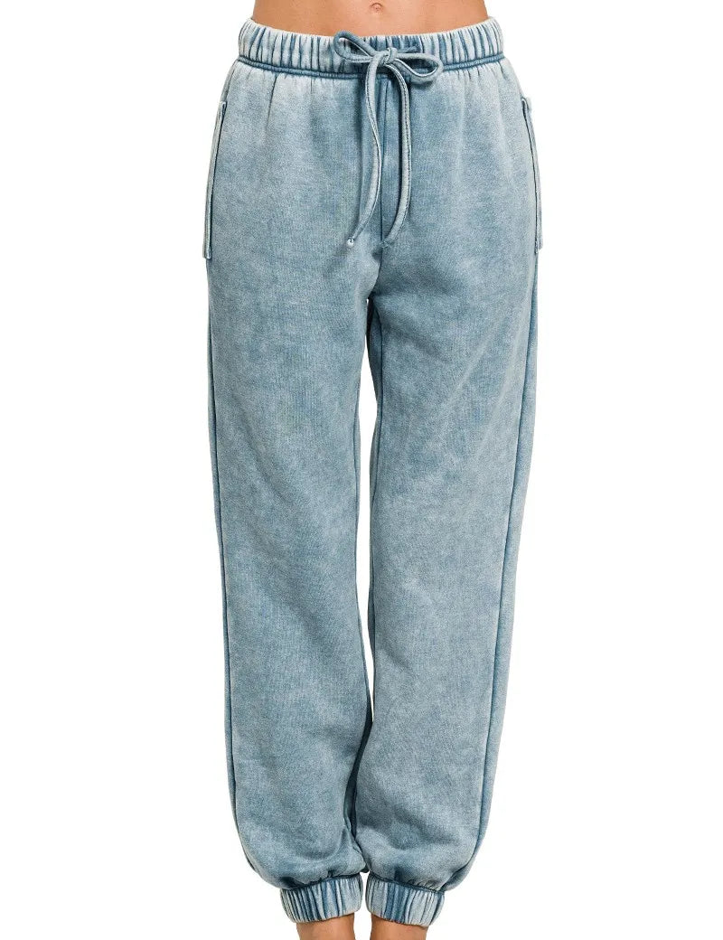 BLUE GREY Zenana Acid Wash Fleece Sweatpants with Pockets | Sweatpants Daverri Fashions