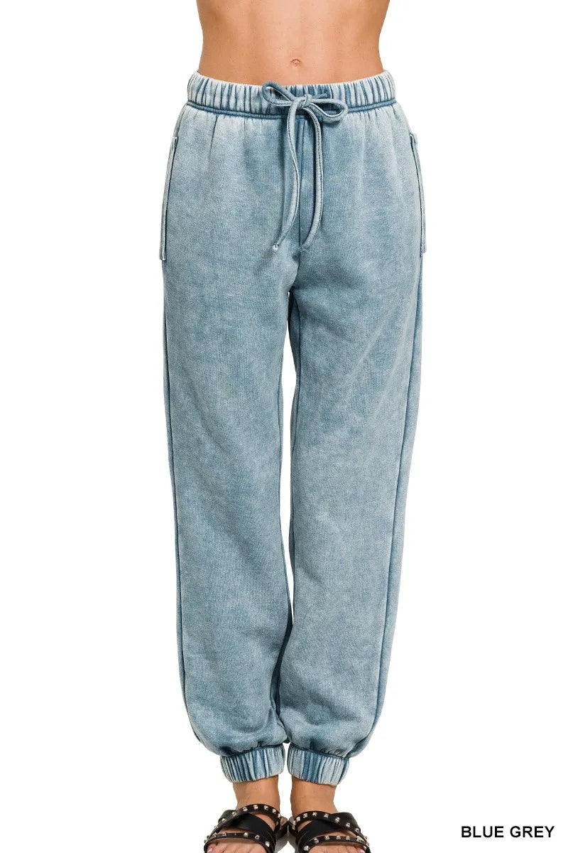 BLUE GREY Zenana Acid Wash Fleece Sweatpants with Pockets | Sweatpants Daverri Fashions