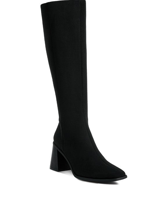 BLACK Paytin Faux Leather Block Heel Calf Length Boots | Boots Daverri Fashions