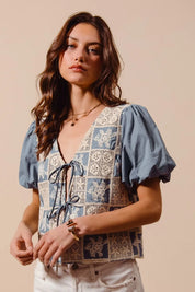 SO ME Crochet Lace Tie Front V Neck Blouse Top | Daverri Fashions