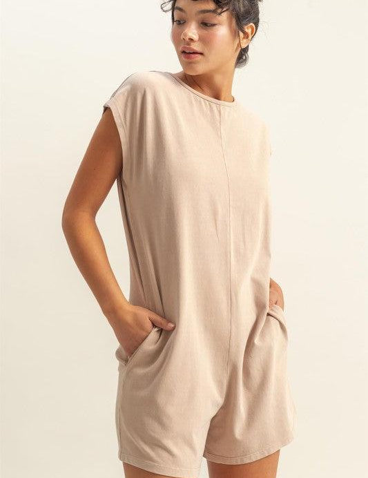 Tan HYFVE Round Neck Cap Sleeve Relaxed Fit Breezy Romper | Rompers Daverri Fashions