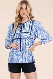 Lime 'N' Chili Graphic Print Solid Trim Quarter Sleeve Blouse | Daverri Fashions