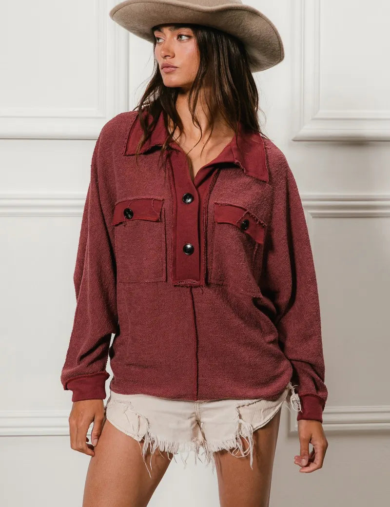 MARSALA BiBi Cp French Terry Cut Edge Detail Collared Top | Tops Daverri Fashions