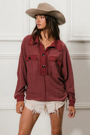 MARSALA BiBi Cp French Terry Cut Edge Detail Collared Top | Tops Daverri Fashions