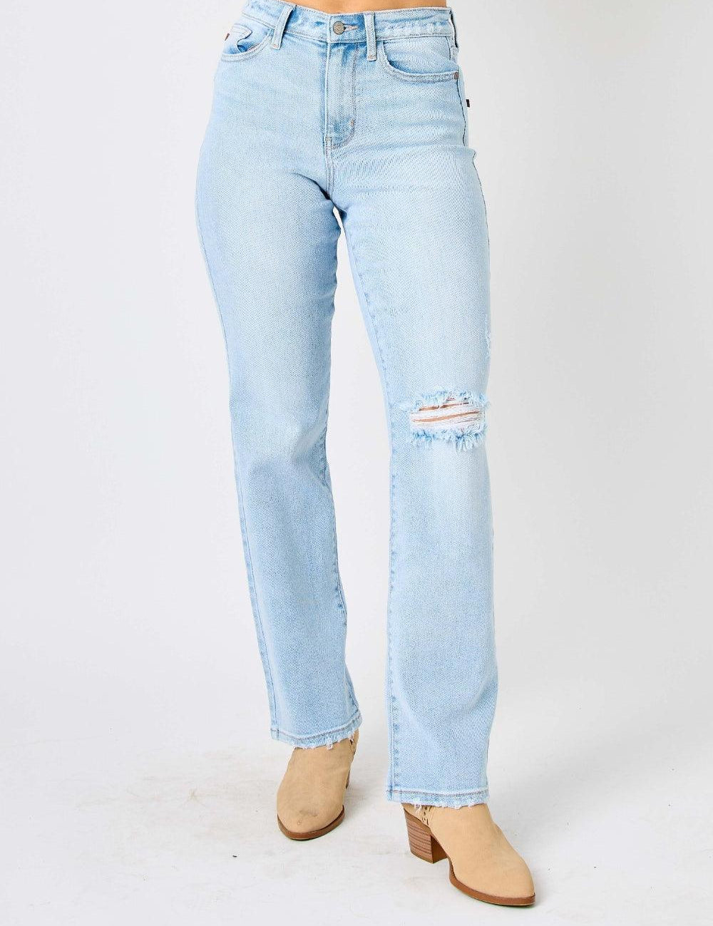Light 20W Judy Blue Full Size High Waist Distressed Straight Jeans | Jeans Daverri Fashions