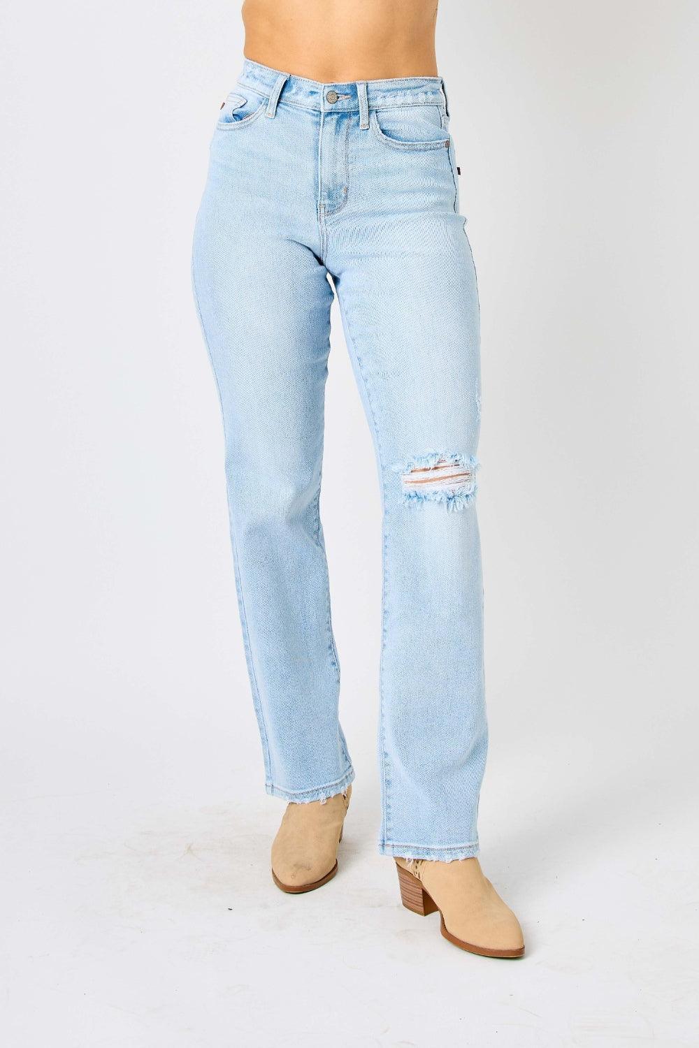 Light 20W Judy Blue Full Size High Waist Distressed Straight Jeans | Jeans Daverri Fashions