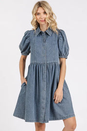 DENIM Mittoshop Button Down Puff Sleeve Denim Dress | Daverri Fashions