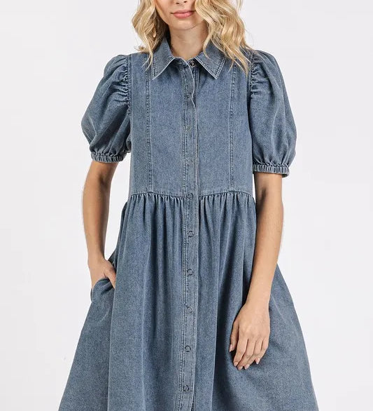 DENIM Mittoshop Button Down Puff Sleeve Denim Dress | Daverri Fashions