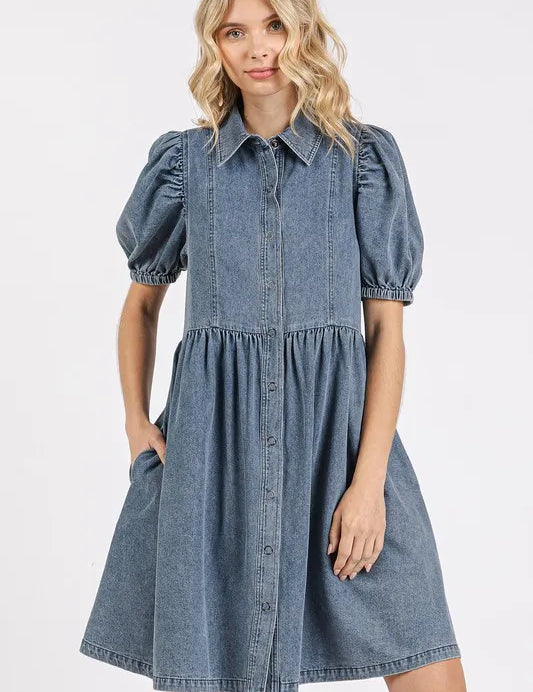 DENIM Mittoshop Button Down Puff Sleeve Denim Dress | Daverri Fashions