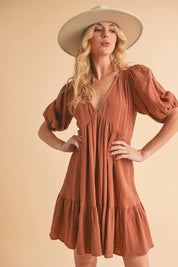 TERRACOTTA Aemi+Co Tied Back Ruffled Short Sleeve Mini Dress | Daverri Fashions