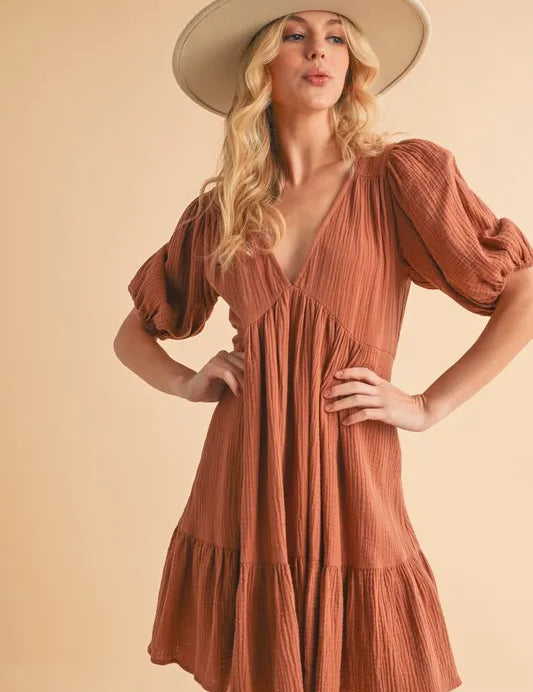 TERRACOTTA Aemi+Co Tied Back Ruffled Short Sleeve Mini Dress | Daverri Fashions