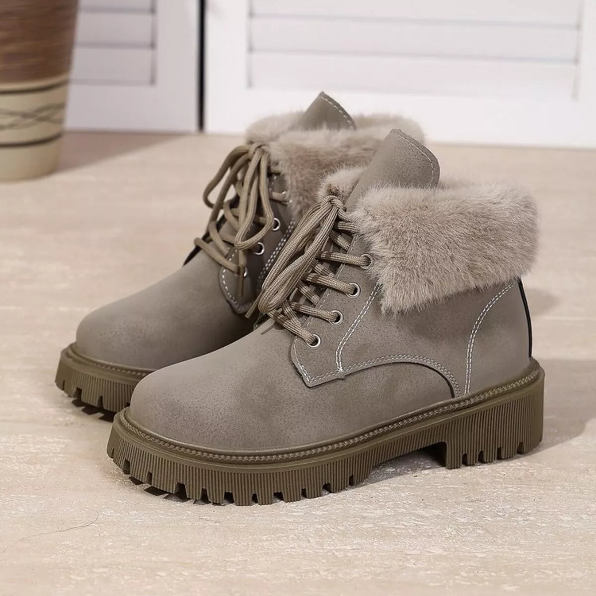 Khaki Lace Up Round Toe Block Heels Boots | Boots Daverri Fashions