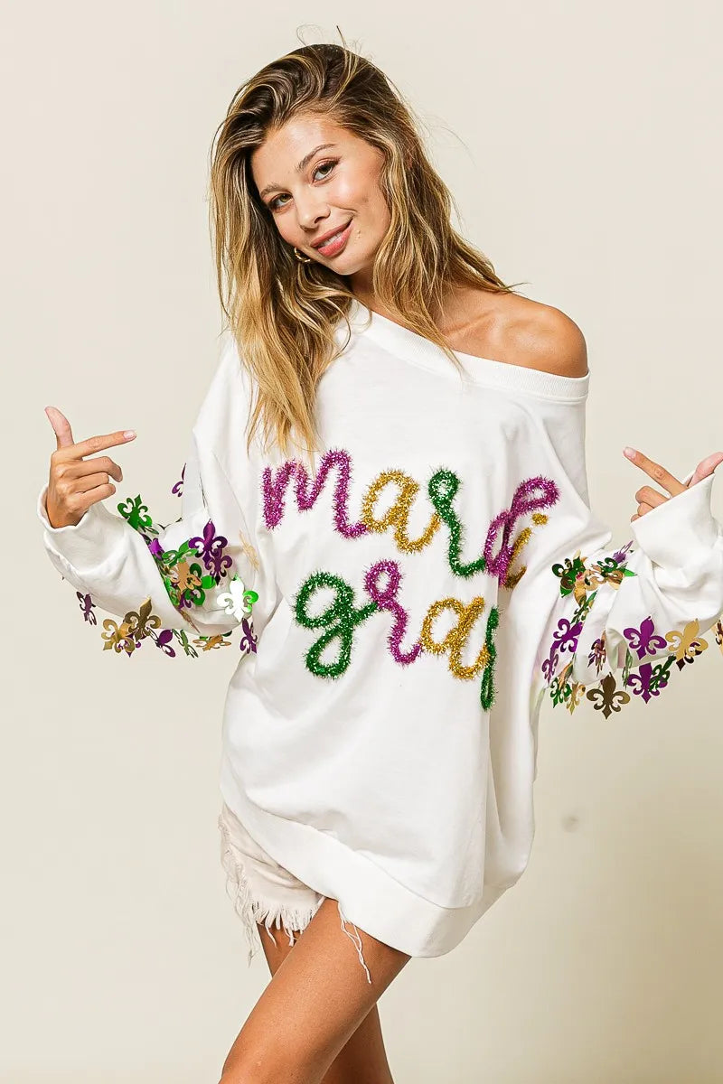 BiBi Fleur De Lis Sleeve Mardi Gras Pullover | Daverri Fashions