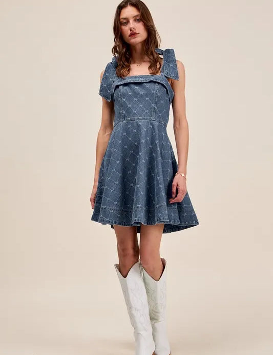 DENIM SO ME A Line Fit and Flare Diamond Bow Ribbon Denim Dres | Mini Dresses Daverri Fashions