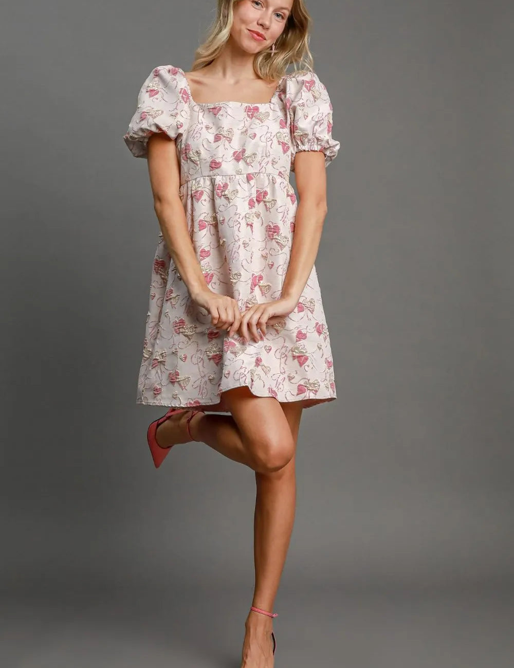 Pink M Umgee Heart Jacquard Square Neck Puff Sleeve Mini Dress Pink | Mini Dresses Daverri Fashions