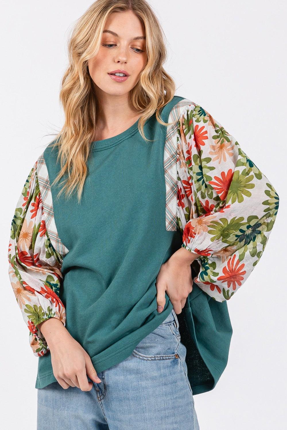 SAGE + FIG Full Size Printed Balloon Sleeve Contrast Top | Tops Daverri Fashions