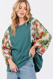 SAGE + FIG Full Size Printed Balloon Sleeve Contrast Top | Tops Daverri Fashions