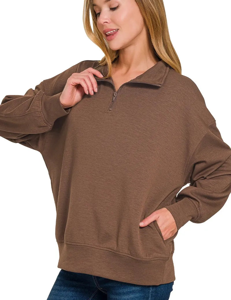 Zenana Scuba Quarter-Zip Sweatshirt Brown | Sweatshirts Daverri Fashions