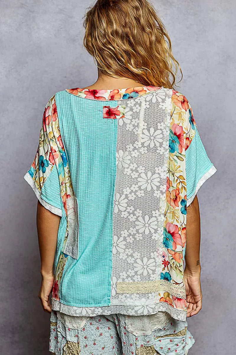 POL Lace Round Neck Short Sleeve Floral Pattern Top with Patch Detail | Tops Daverri Fashions