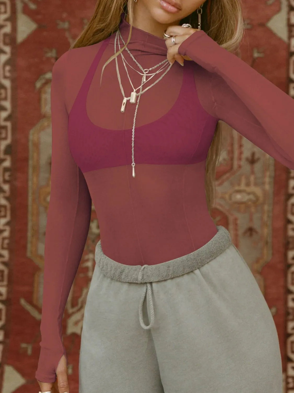 Mock Neck Long Sleeve Sheer Top | Tops Daverri Fashions