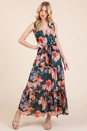 Lime 'N' Chili Floral Print Sleeveless Tie Waist Maxi Dress | Daverri Fashions