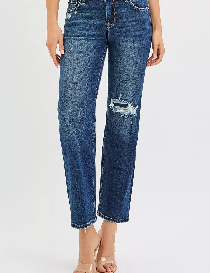 DARK RISEN High Rise Crop Slim Straight Jeans with Hidden Knee Patch | Jeans Daverri Fashions