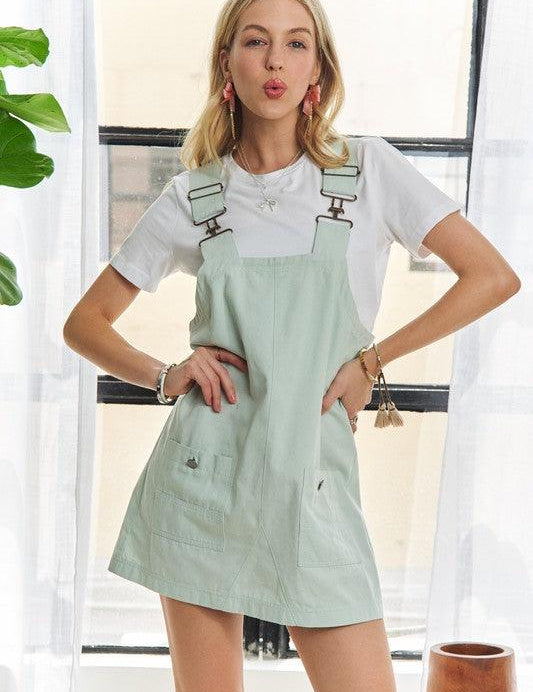 Gum Leaf ADORA Adjustable Wide Strap Square Neck Overall Dress | Daverri Fashions