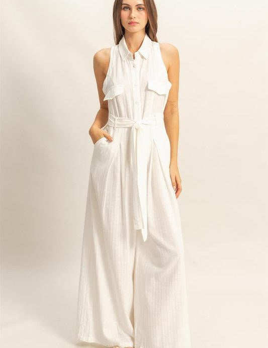 HYFVE Sleeveless Tie Waist Wide Leg Jumpsuit | Jumpsuits Daverri Fashions