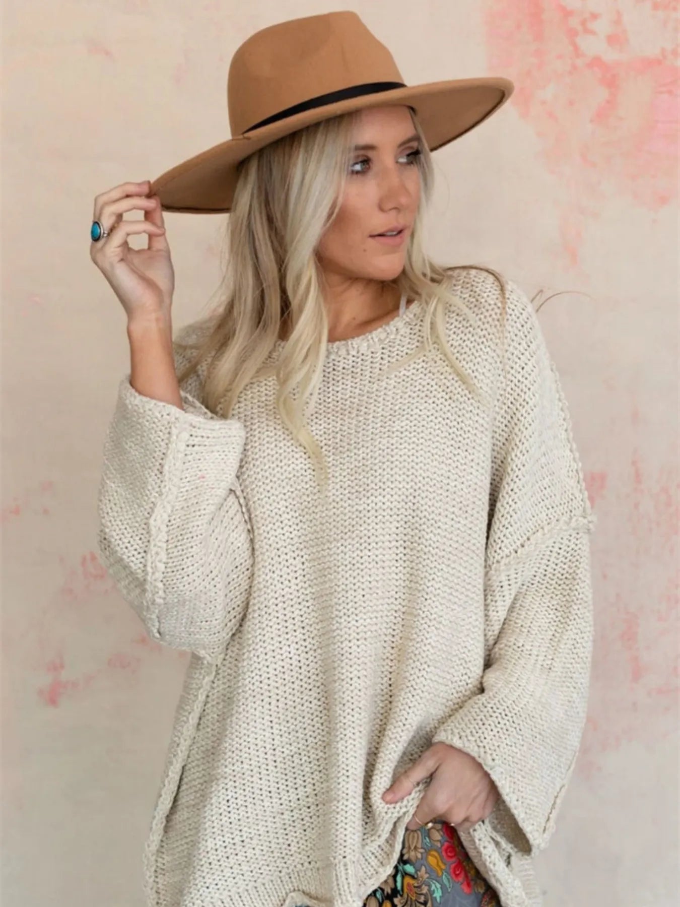 Round Neck Oversized Knit Top with Relaxed Fit | Tops Daverri Fashions
